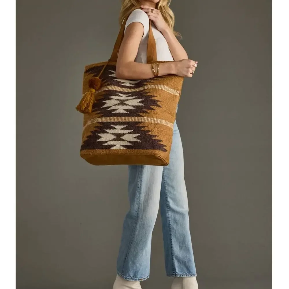 Tan, Brown & Cream Western Woven Wool Tote Bag | Boho Pom Tassel Tote